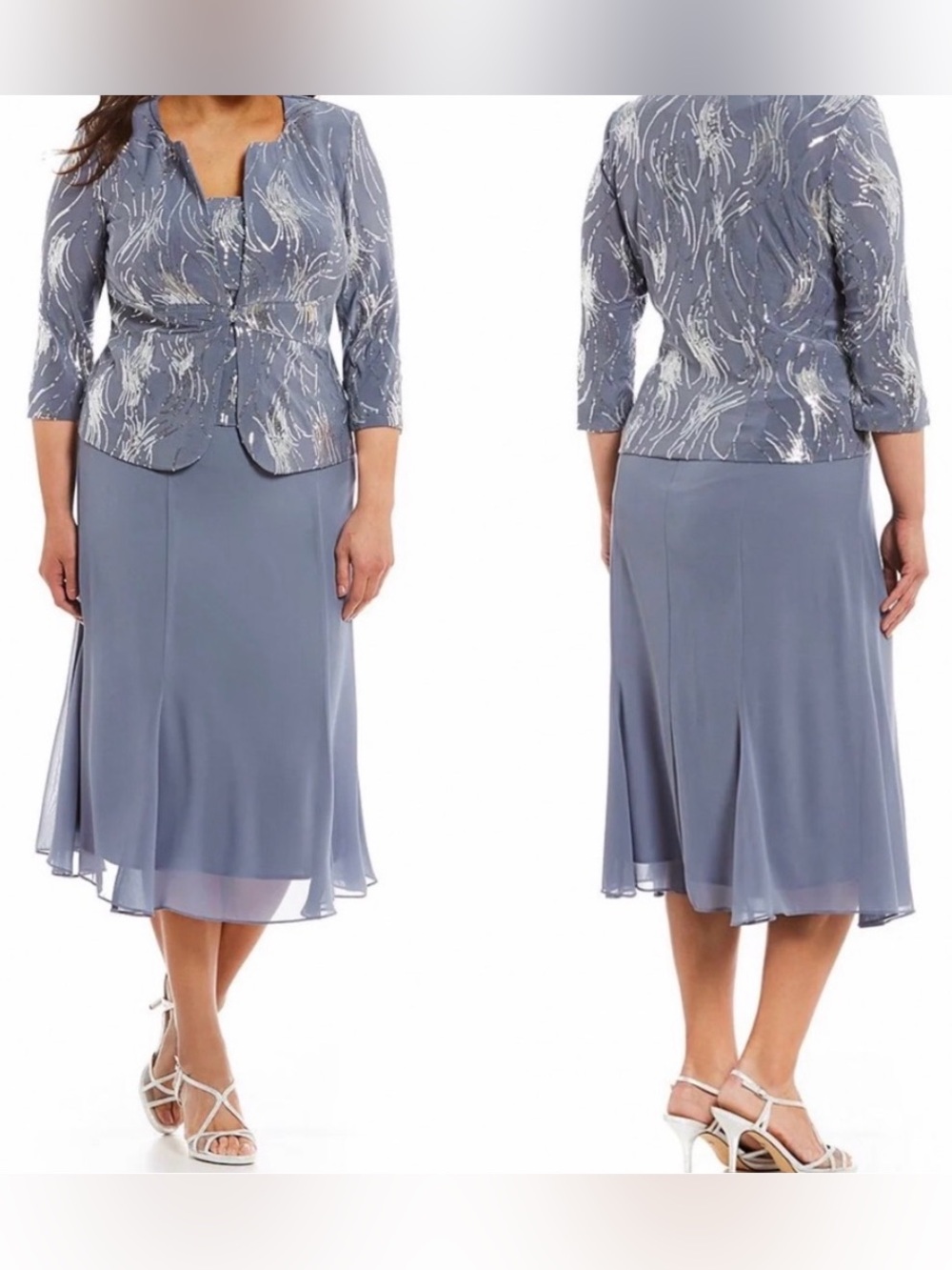 Alex Evenings
Square Neck 3/4 Sleeve Sequin
Bursts  Midi
lacket Dress size 14W